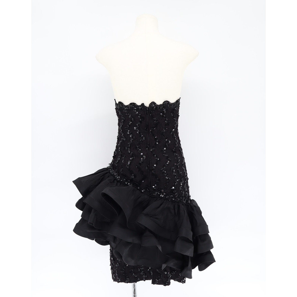 Vintage 90s Night Way Black Sequin Strapless Asymmetrical Ruffle Mini Dress Sz 6 - Picture 2 of 7